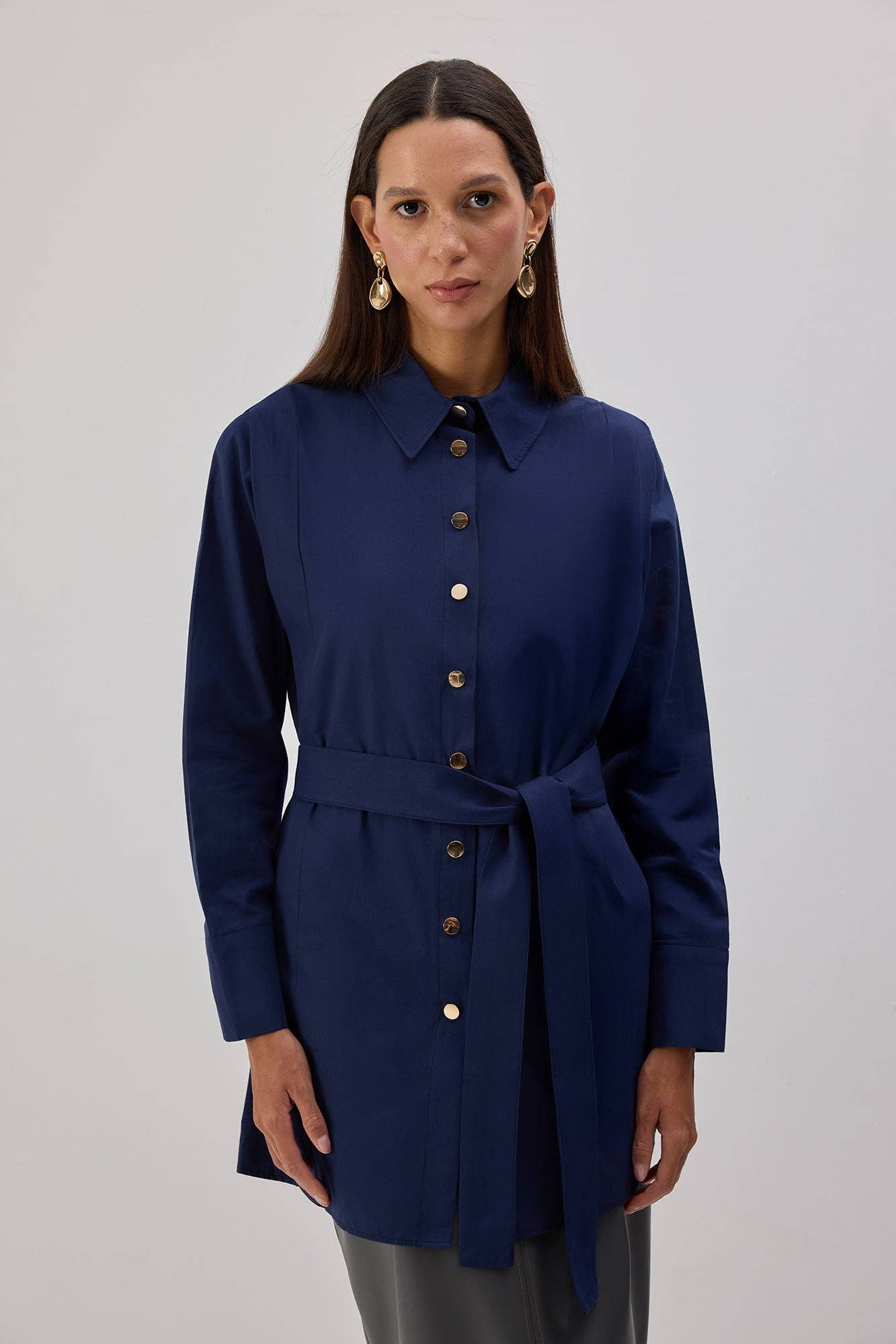 Camicia lunga in popeline con cintura