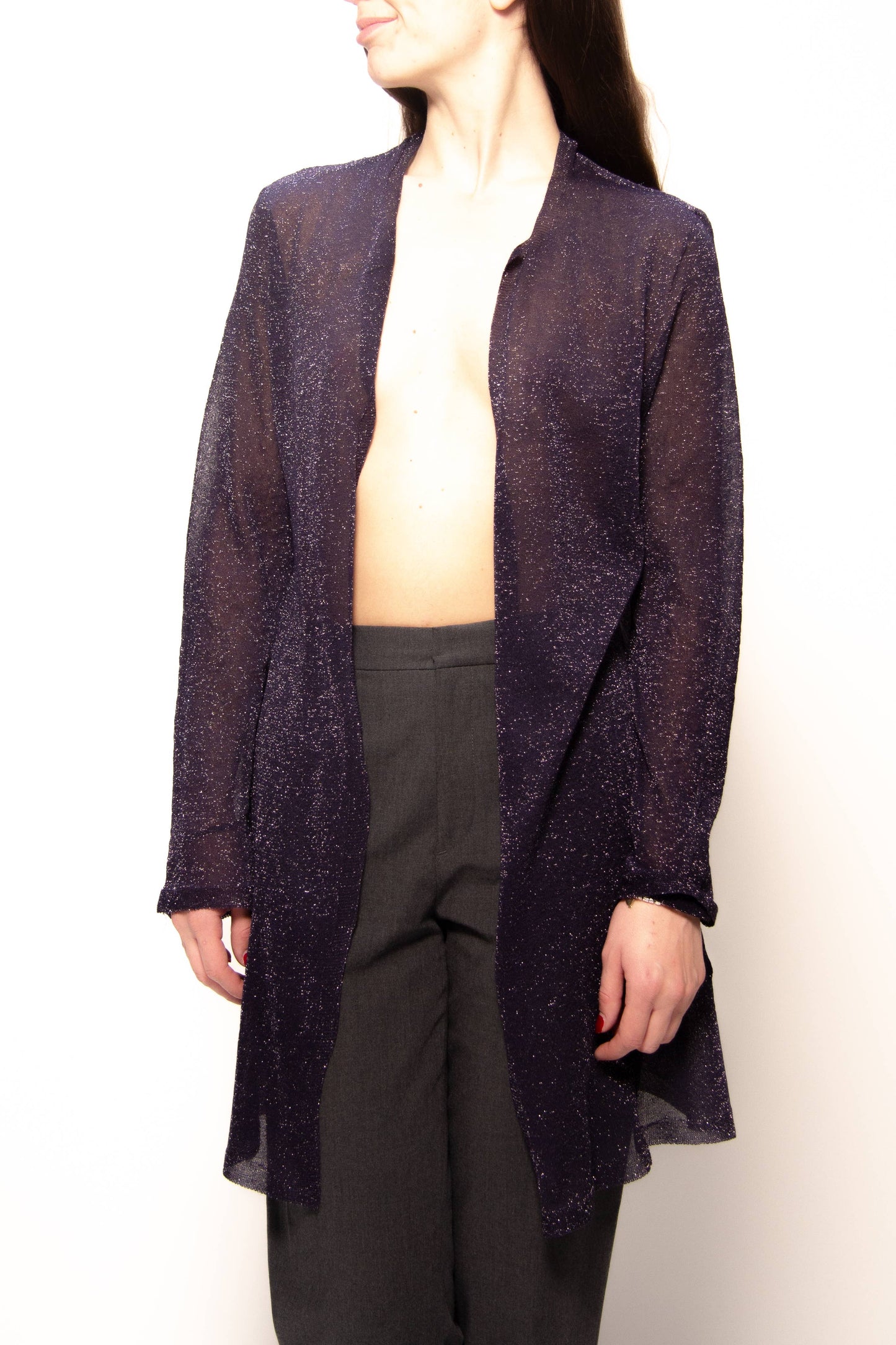 Cardigan lungo in lamé glitterato a maglia 3D