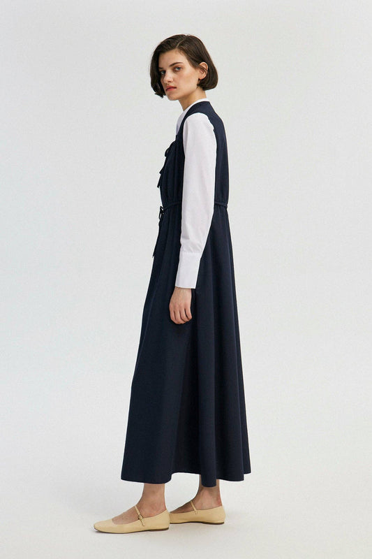 Gilet lungo in popeline arricciato blu navy
