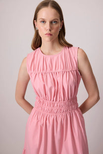 Abito lungo rosa in popeline a balze con smock