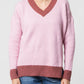 Maglione bicolore a coste con scollo a V
