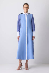 Abito camicia lungo color block in misto cotone