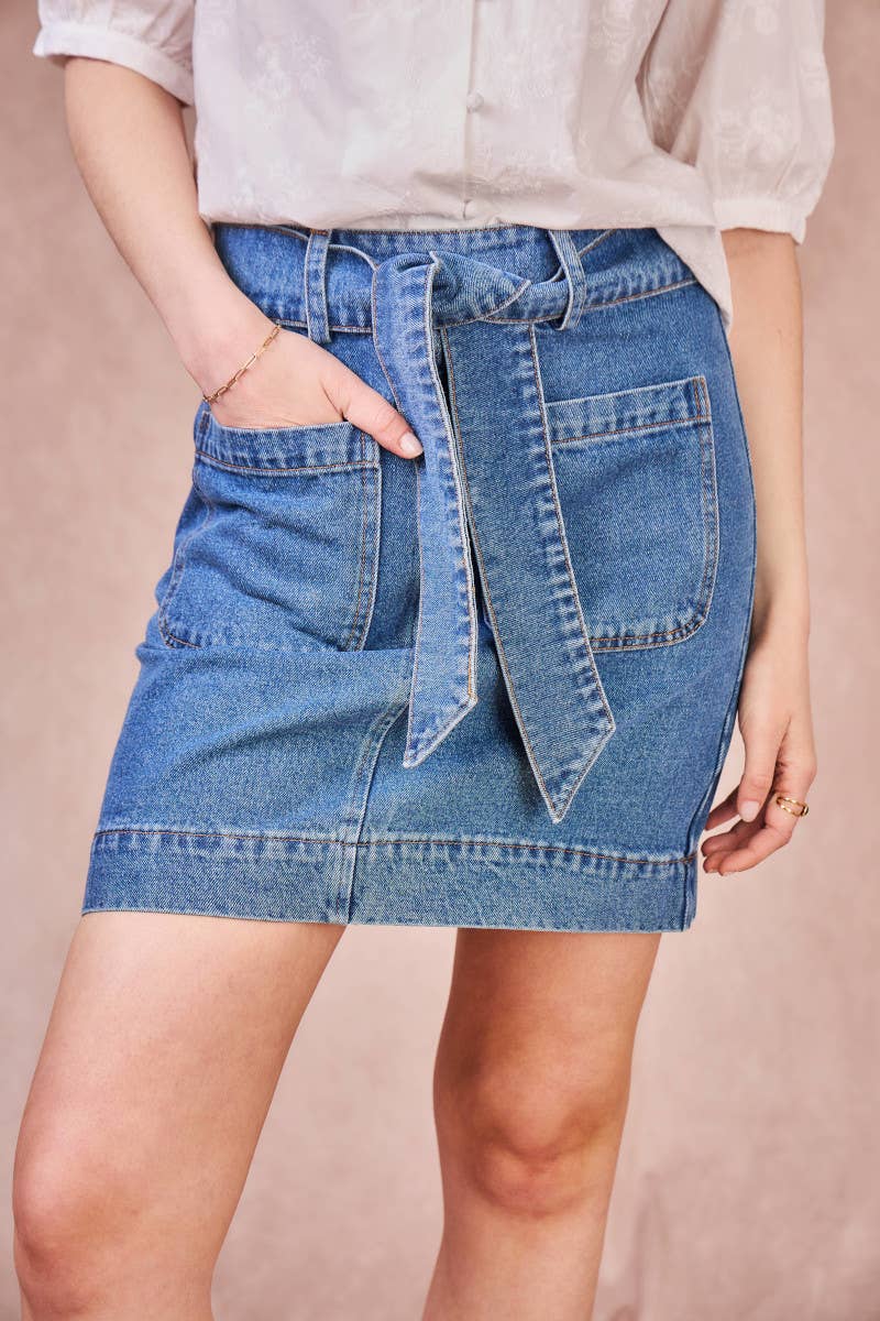 Gonna denim in cotone a vita alta con cintura