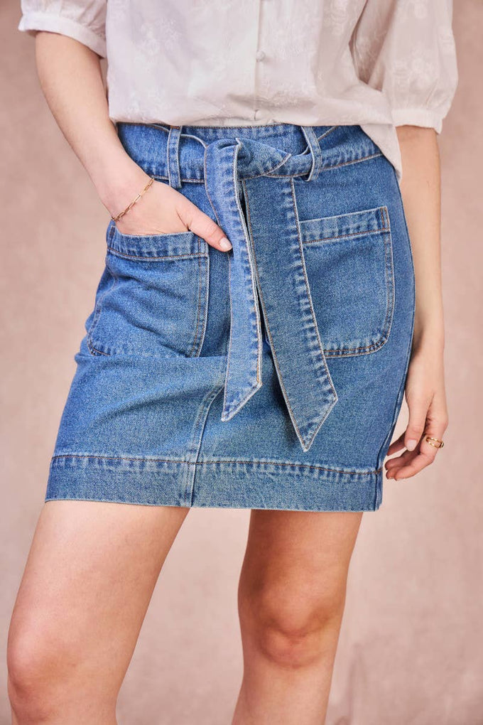Gonna denim in cotone a vita alta con cintura