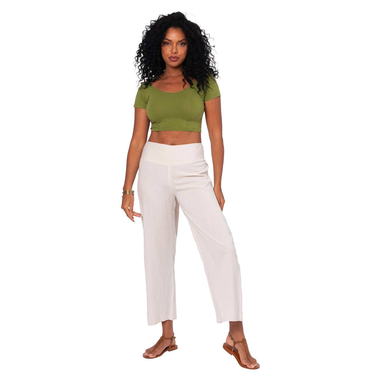 Pantaloni estivi cropped in cotone e lino con cintura