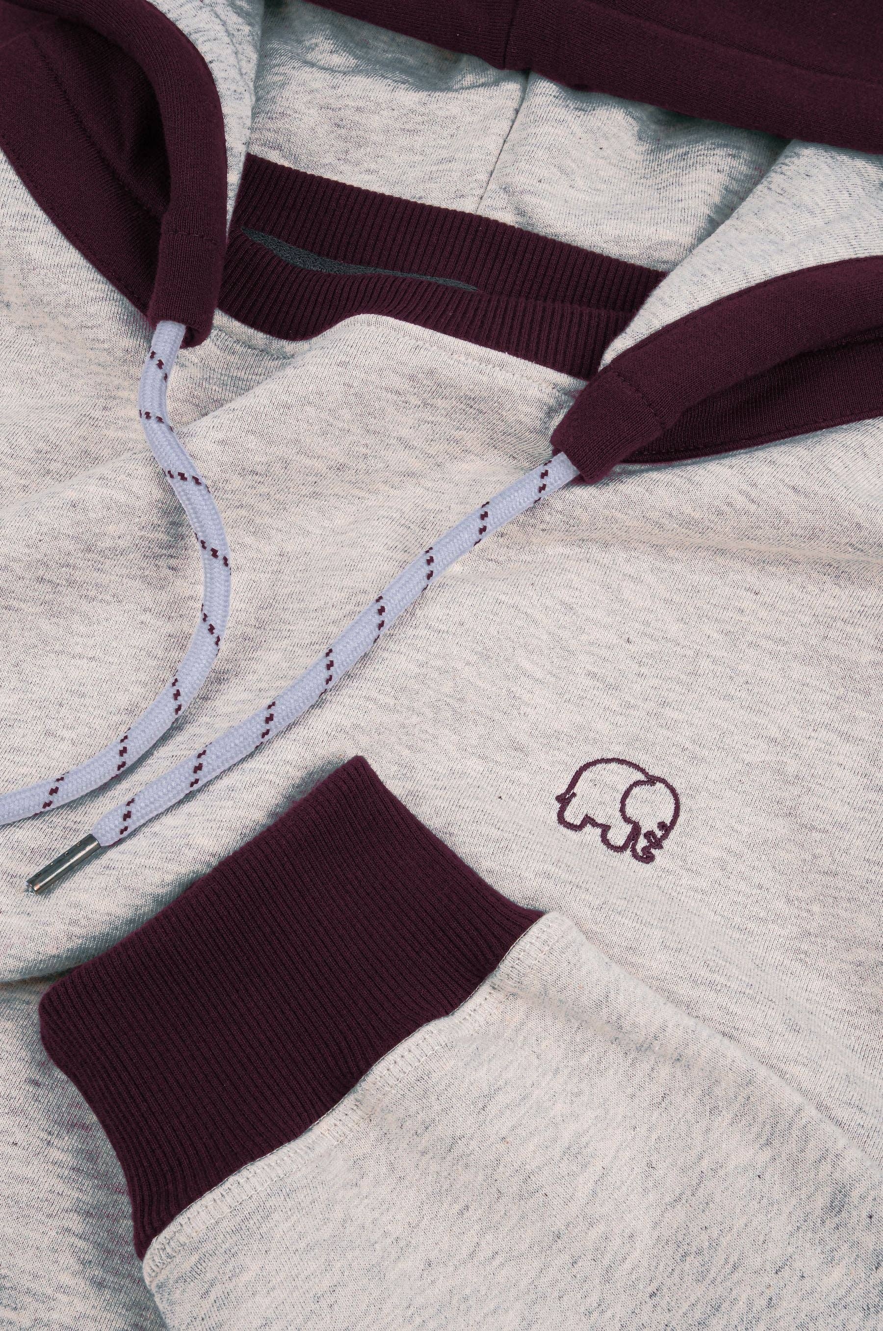 Felpa oversize con cappuccio calda bicolor grigio mélange e bordeaux