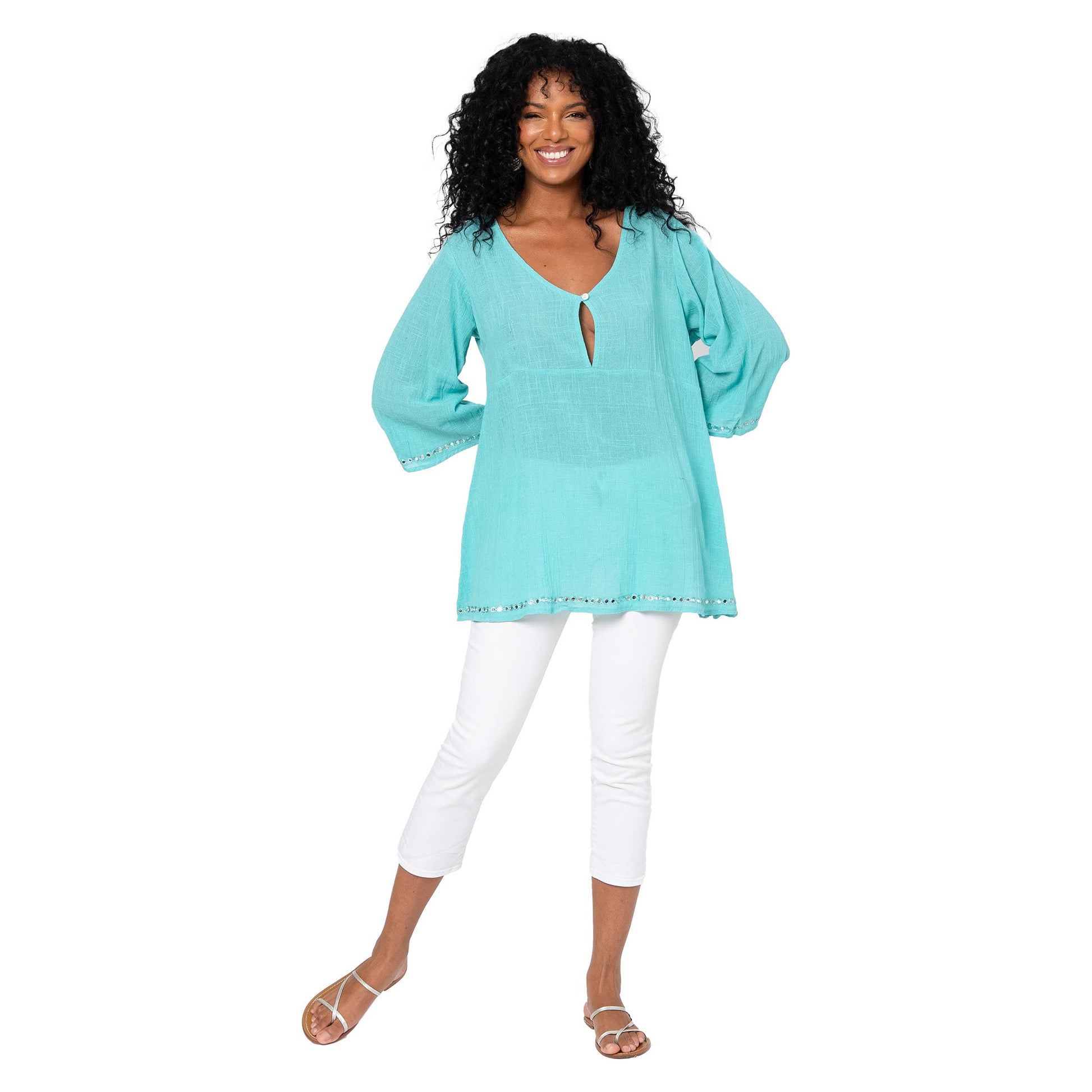 Top lungo estivo boho turchese in cotone con maniche 3/4 svasate