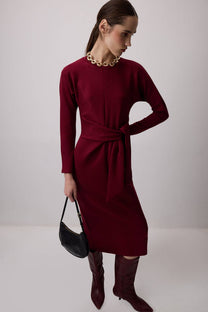 Abito midi bordeaux con nodo frontale in misto viscosa