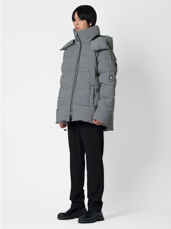 Giacca puffer pied de poule nero e bianco con cappuccio staccabile