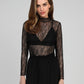Top in pizzo trasparente nero a maniche lunghe con collo alto