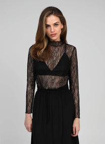 Top in pizzo trasparente nero a maniche lunghe con collo alto