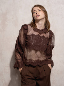 Blusa in pizzo trasparente con collo alto e maniche lunghe