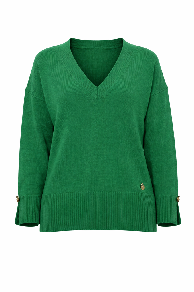 Pullover donna in maglia con scollo a V e polsini con bottoni