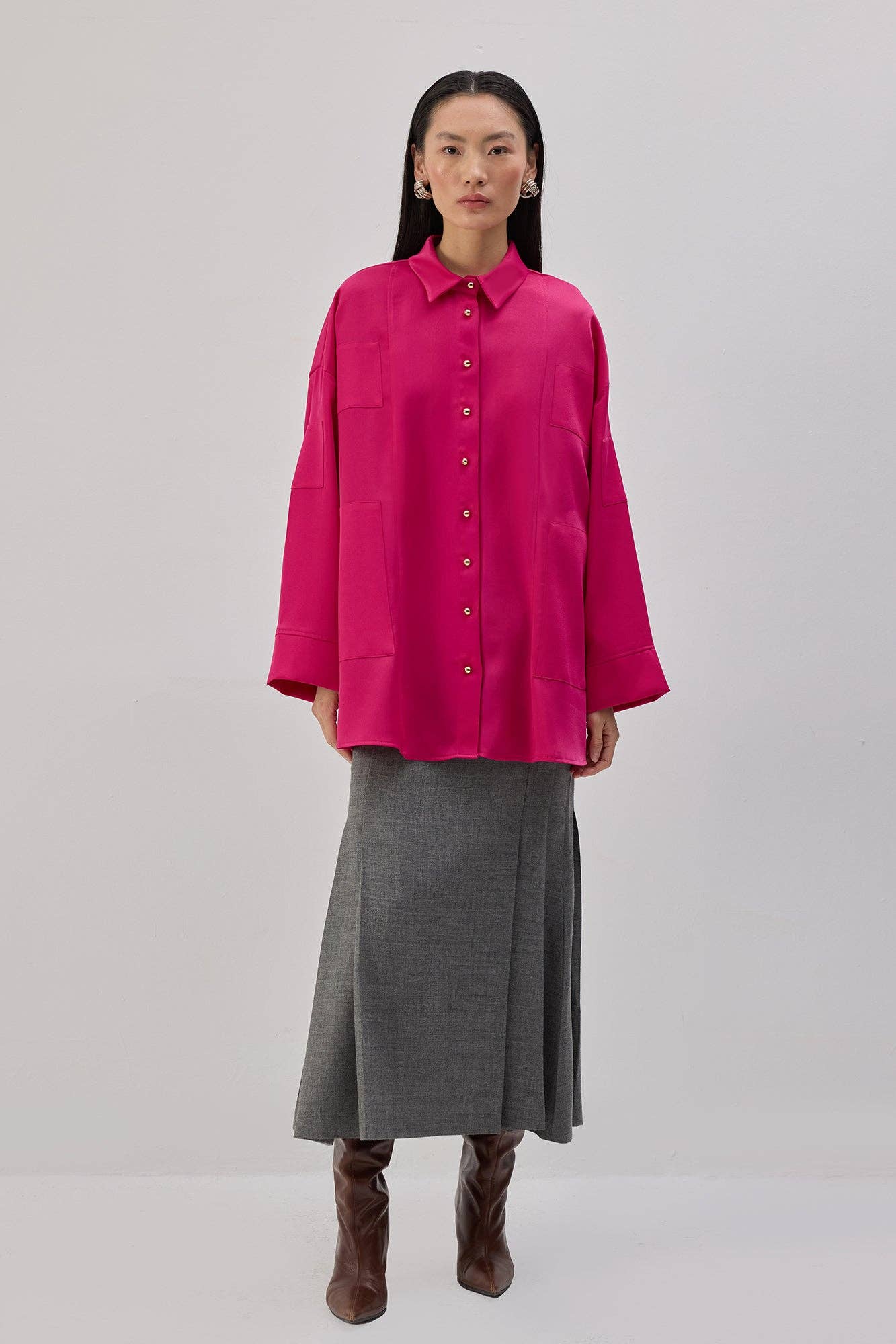 Camicia oversize in raso fucsia