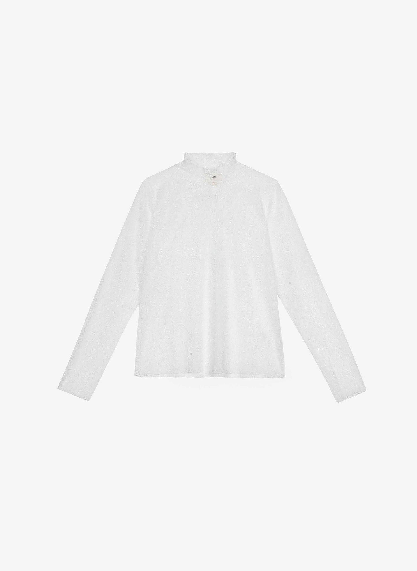 Top in pizzo bianco a maniche lunghe con collo alto