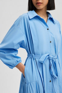 Abito camicia lungo in popeline con pieghe e cintura