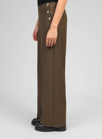 Pantaloni palazzo a vita alta color militare con bottoni dorati