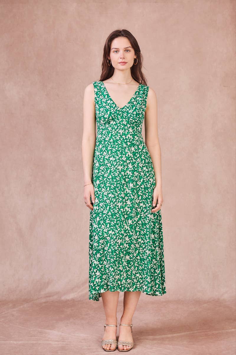 Abito lungo Rose con schiena scoperta e stampa verde