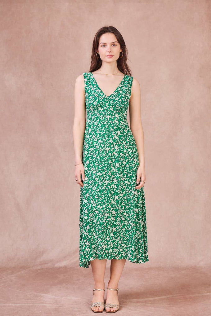 Abito lungo Rose con schiena scoperta e stampa verde