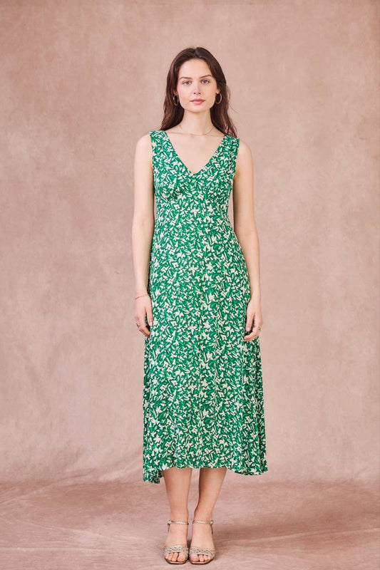 Abito lungo Rose con schiena scoperta e stampa verde