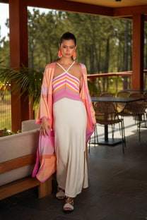 Kimono lungo a righe multicolor in cotone
