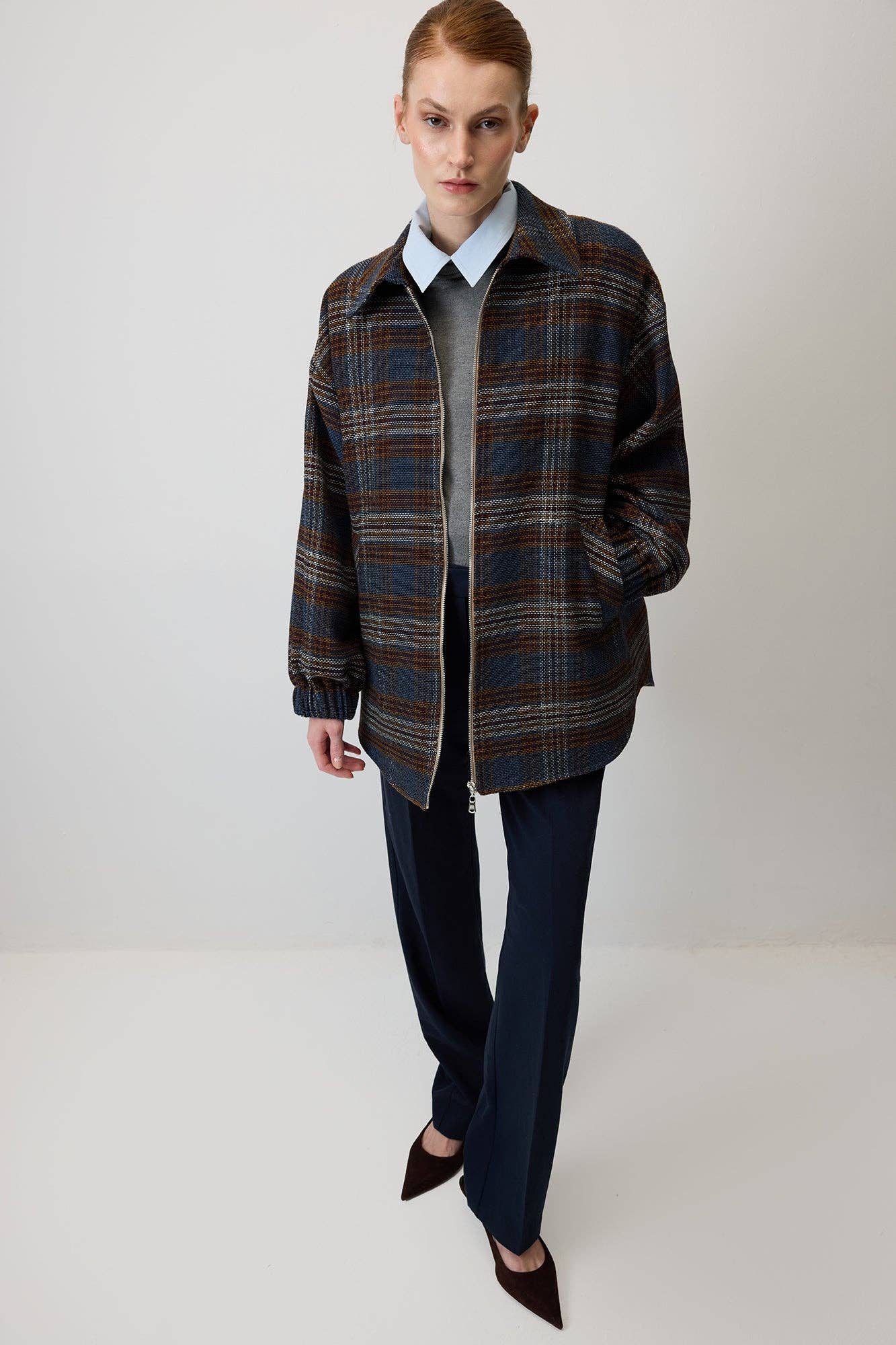 Giacca bomber oversize a quadri con colletto camicia