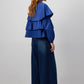 Blusa corta indaco con balze e maniche a sbuffo in cotone misto