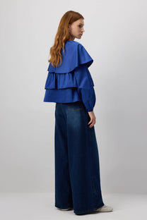 Blusa corta indaco con balze e maniche a sbuffo in cotone misto