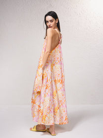 Vestito lungo fluido con scollo a V e stampa astratta