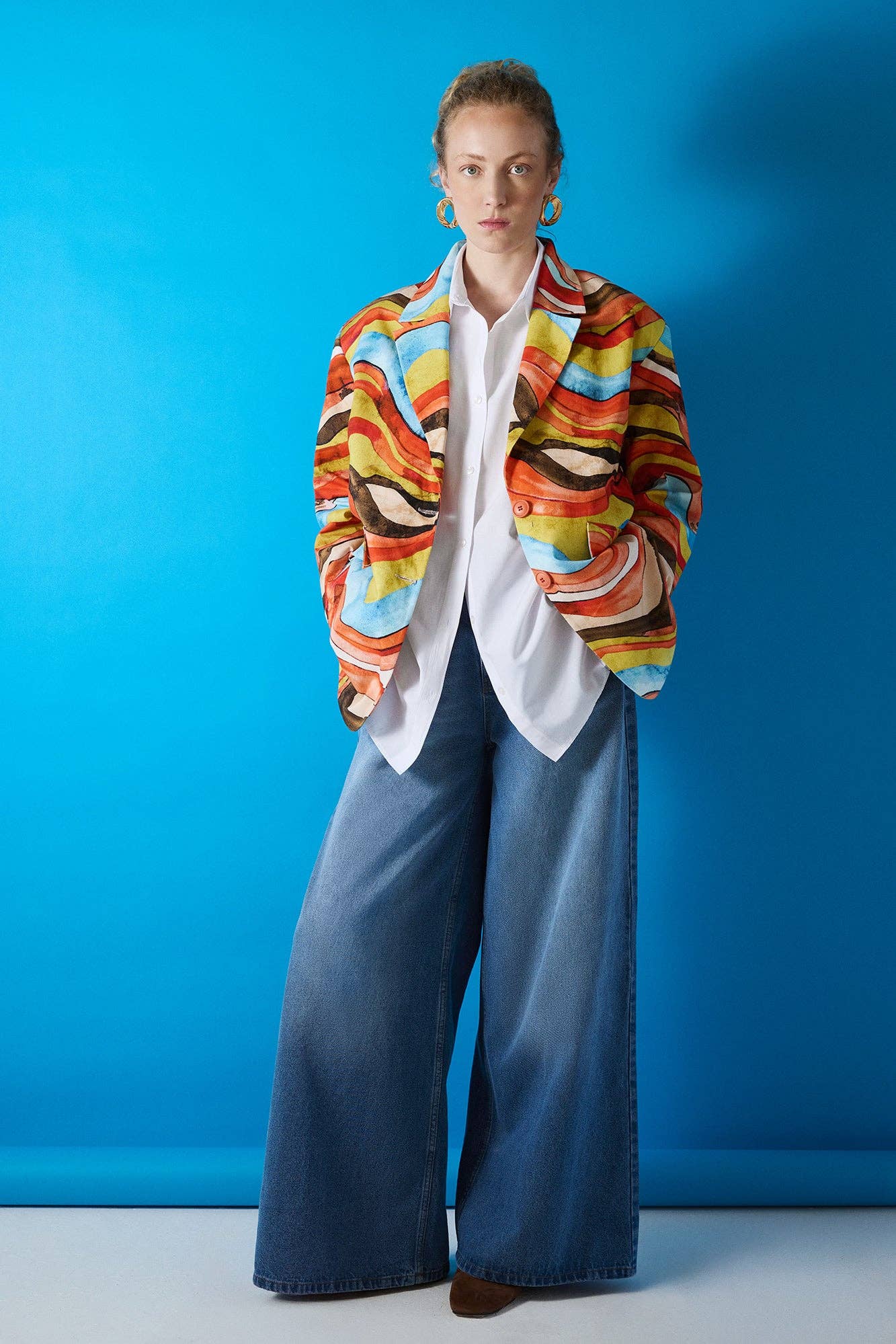 Blazer in cotone con stampa astratta multicolor