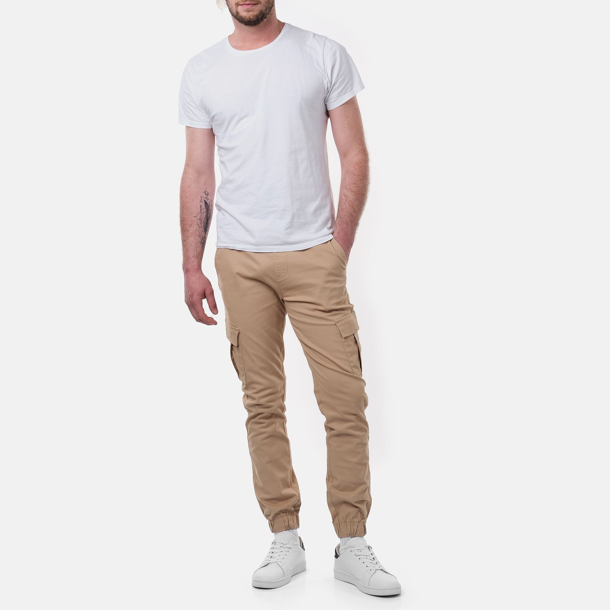 Pantaloni cargo uomo slim beige con coulisse