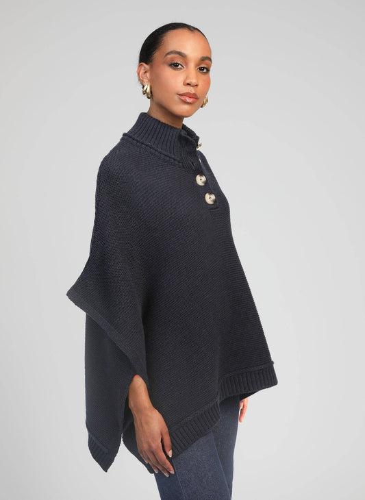 Poncho in maglia blu navy con collo alto