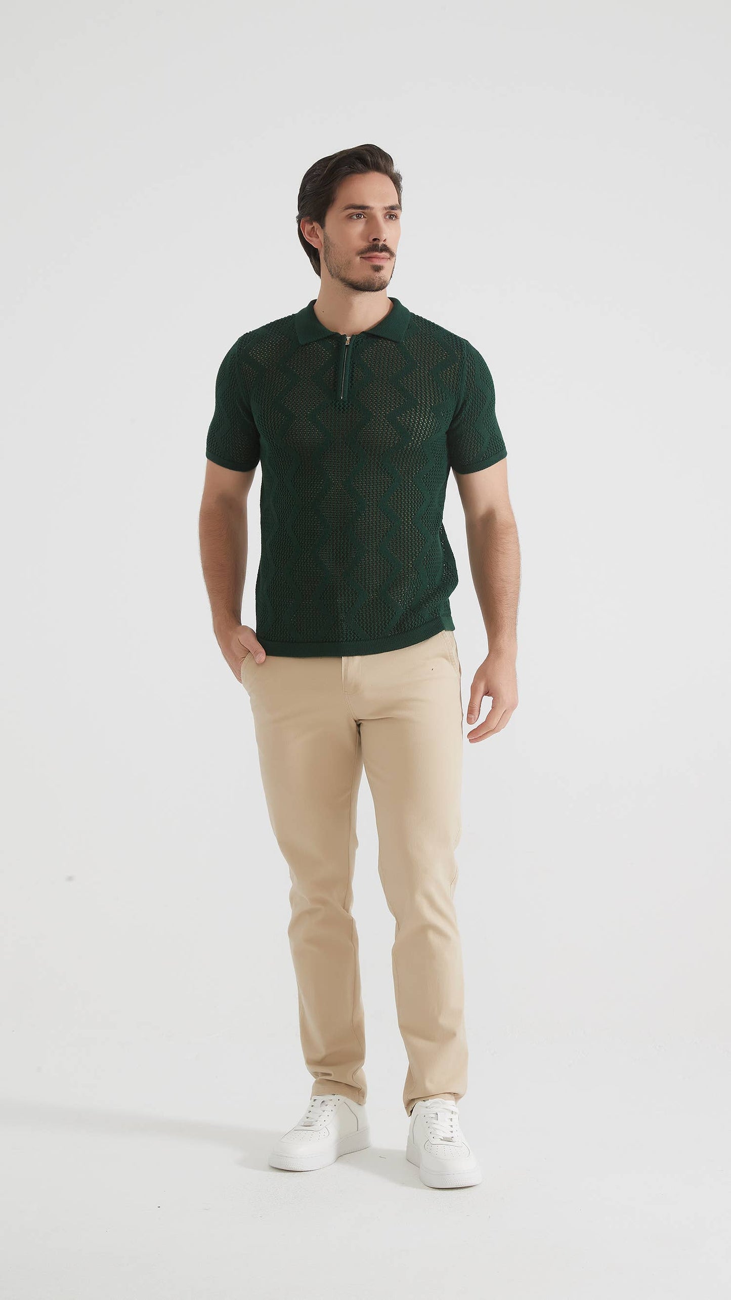 Polo in cotone con zip verde kaki