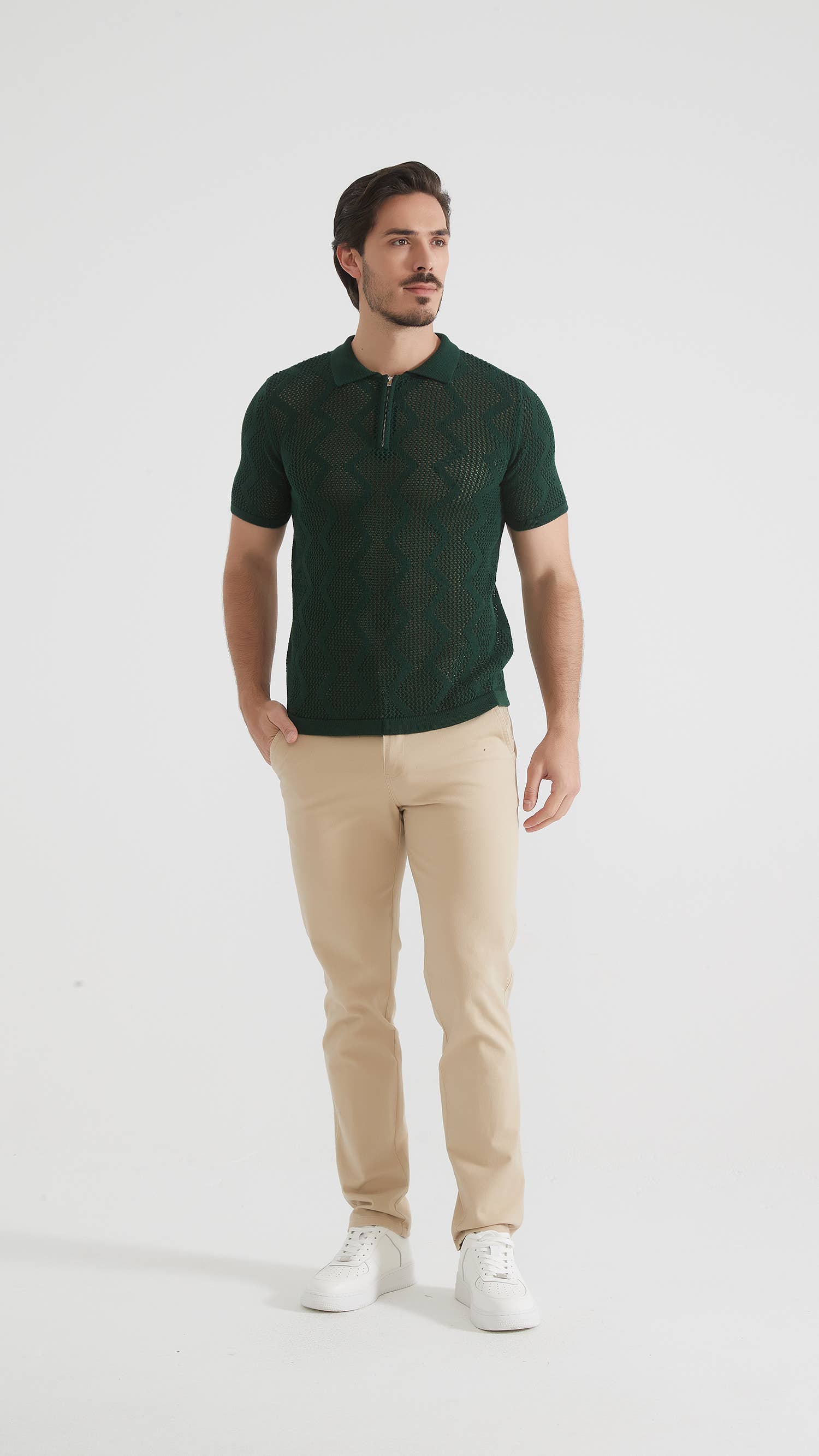 Polo in cotone con zip verde kaki