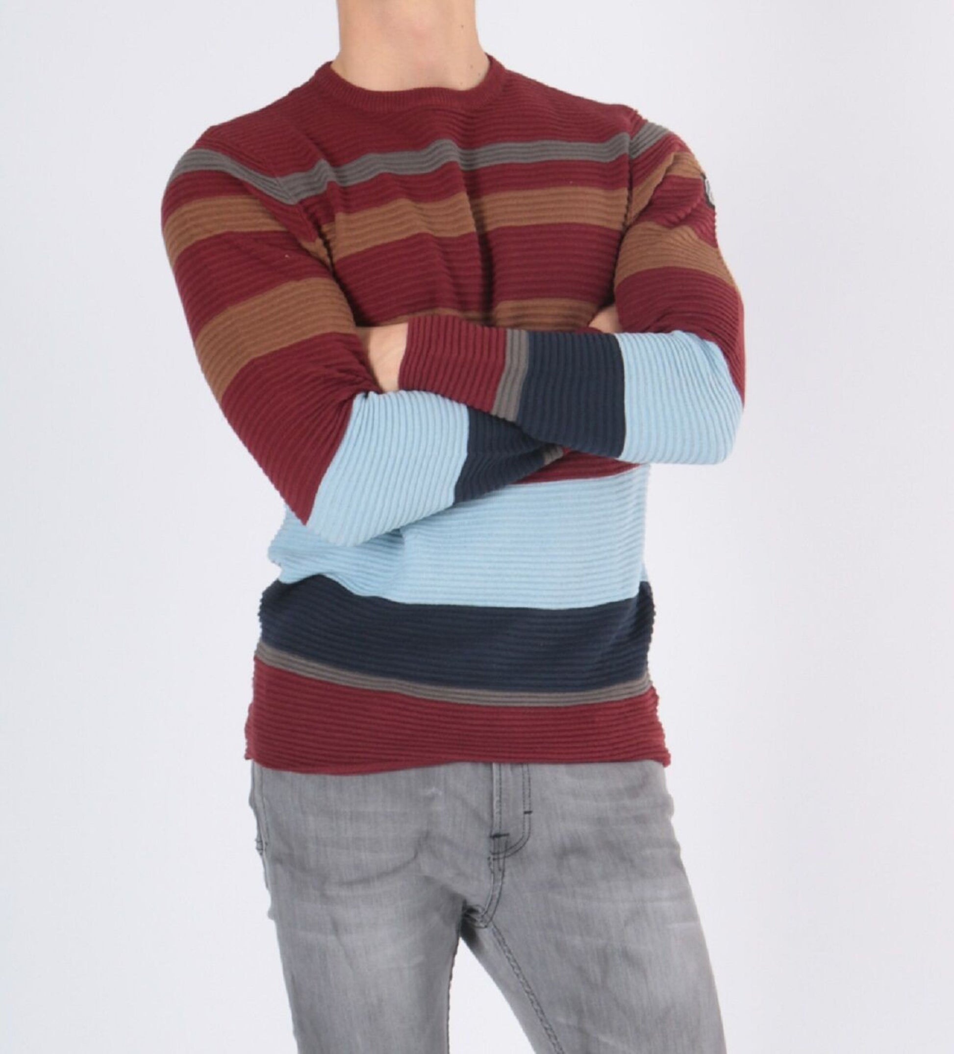 Maglione uomo a righe in cotone bordeaux e marrone