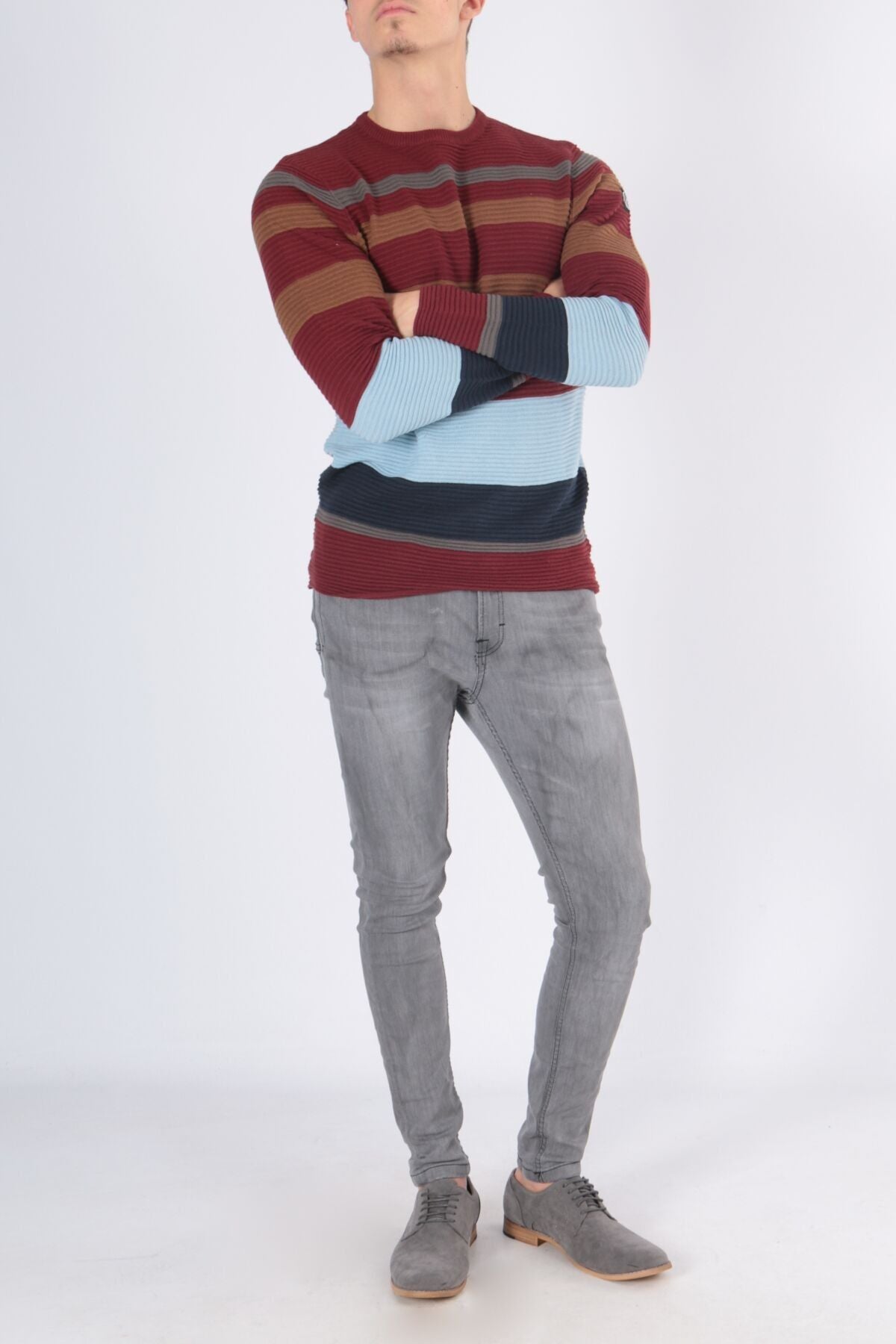 Maglione uomo a righe in cotone bordeaux e marrone