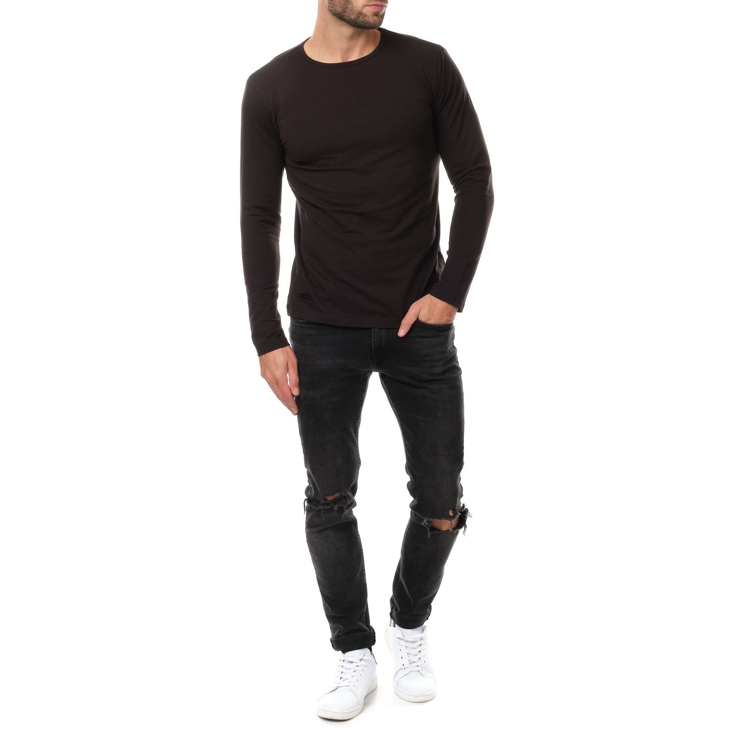 T-shirt uomo a maniche lunghe nera tinta unita