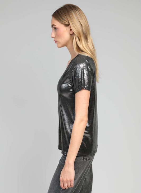 T-shirt metallizzata antracite con scollo a V