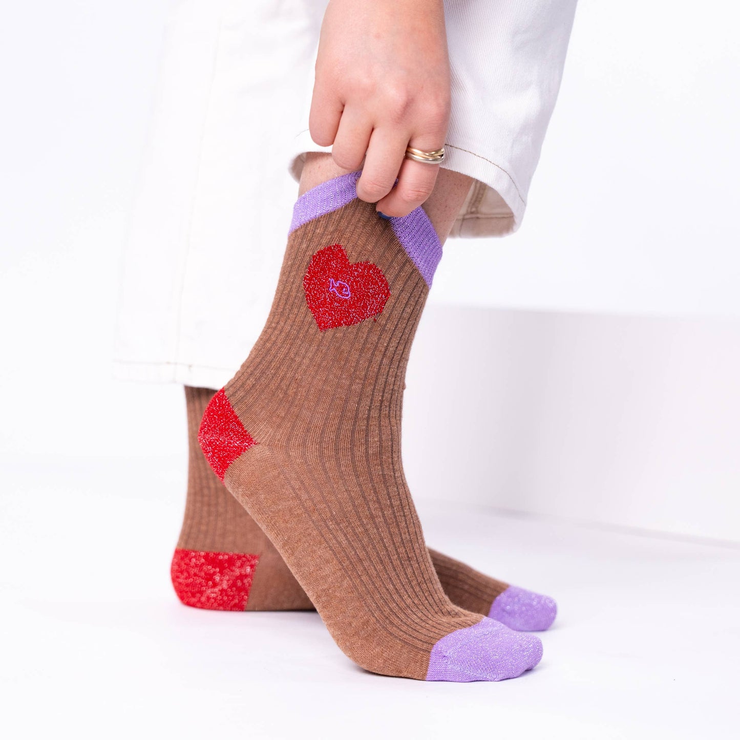 Calzini alla caviglia in cotone pettinato con cuore glitter