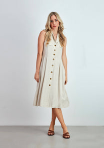 Vestito midi in viscosa e lino con bottoni