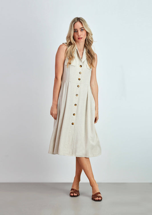 Vestito midi in viscosa e lino con bottoni