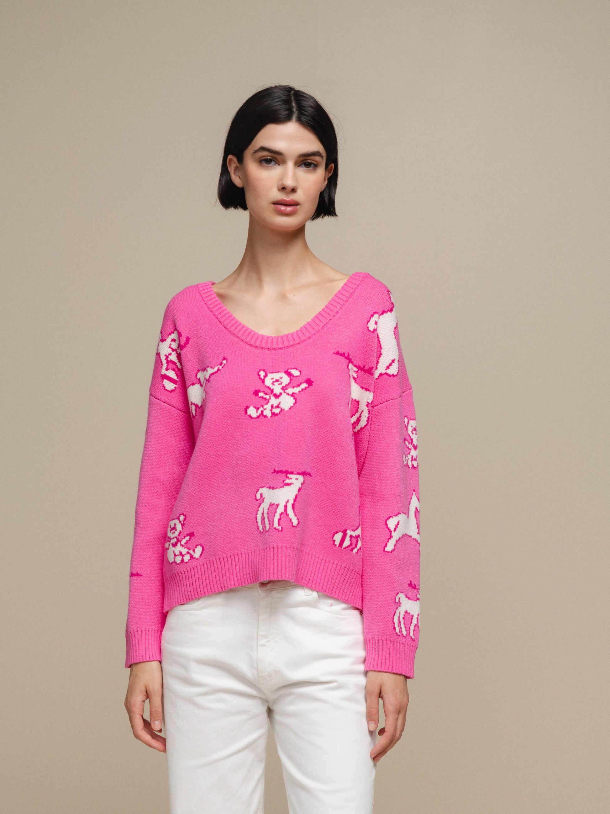 Maglione donna in maglia con fantasia teddy e animali