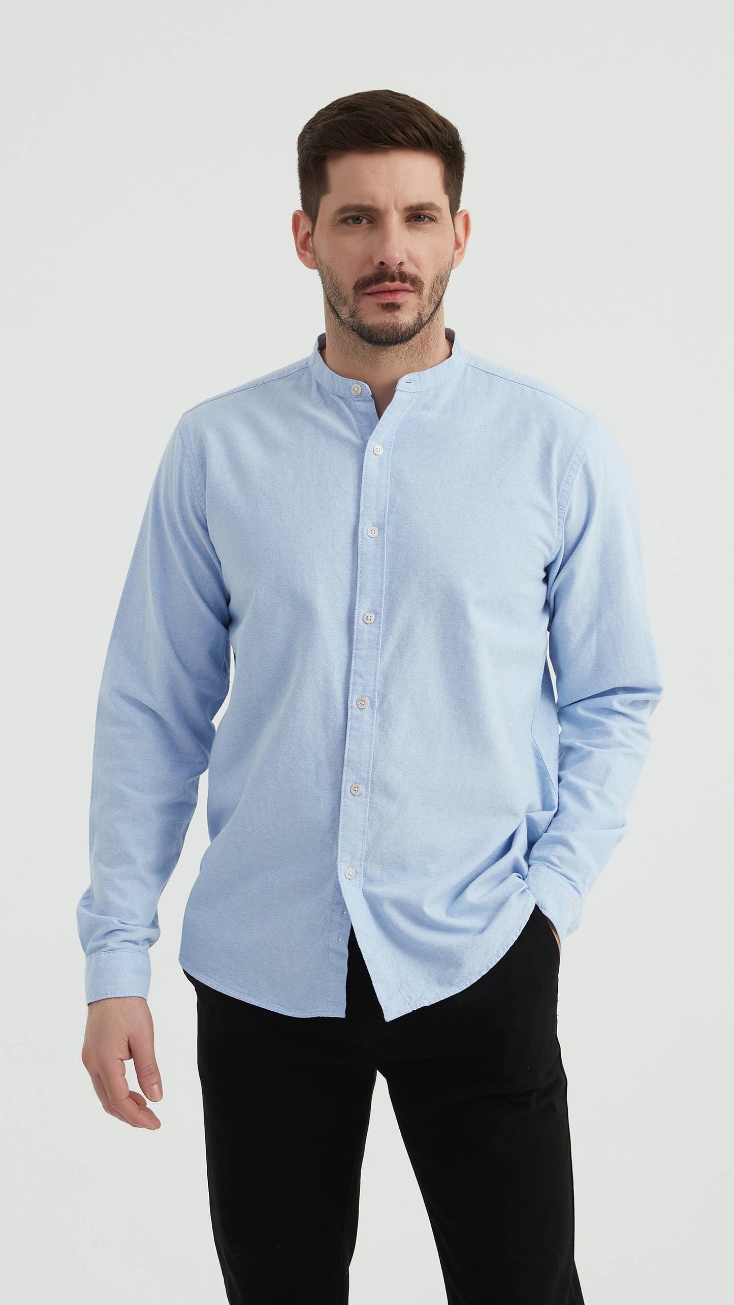 Camicia oxford blu con collo alla coreana