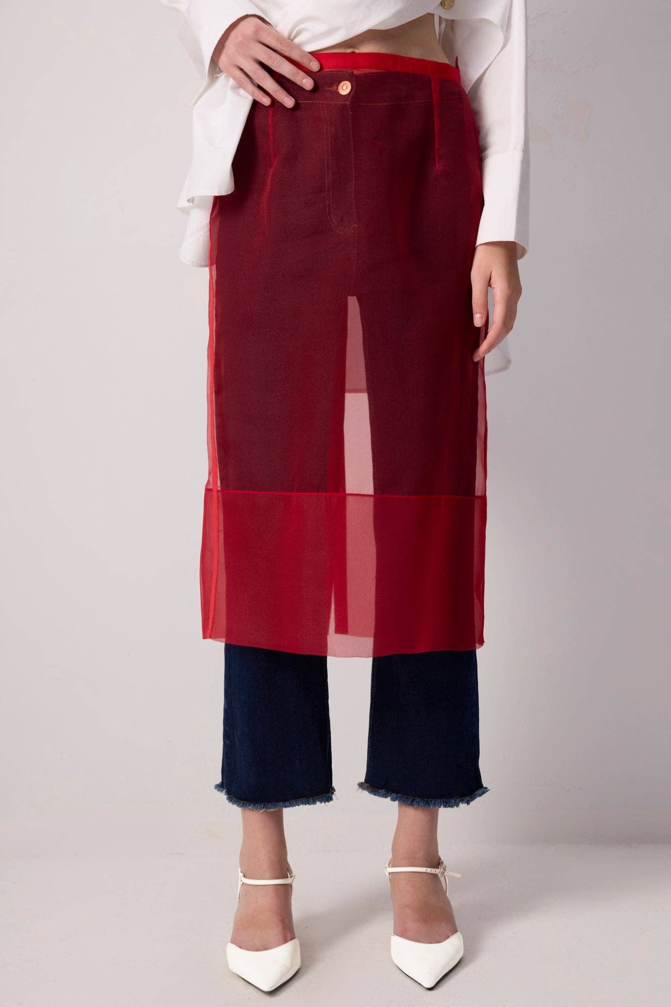 Gonna midi in organza trasparente rossa