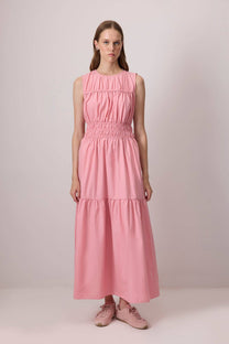 Abito lungo rosa in popeline a balze con smock