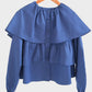 Blusa corta indaco con balze e maniche a sbuffo in cotone misto