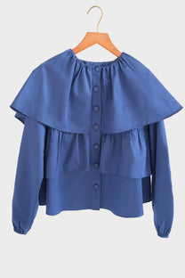 Blusa corta indaco con balze e maniche a sbuffo in cotone misto