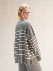 Maglione Girocollo Oversize a Righe in Misto Cashmere