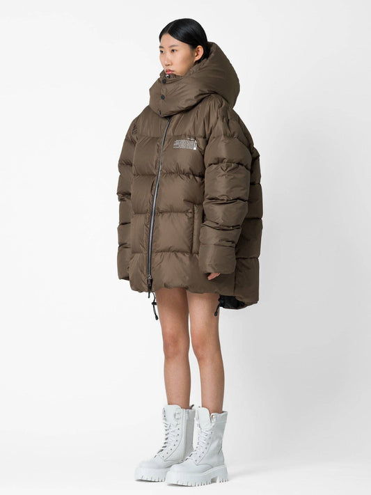 Bomber oversize con stampa testuale e cappuccio staccabile