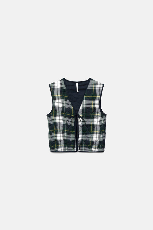 Gilet trapuntato tartan con scollo a V